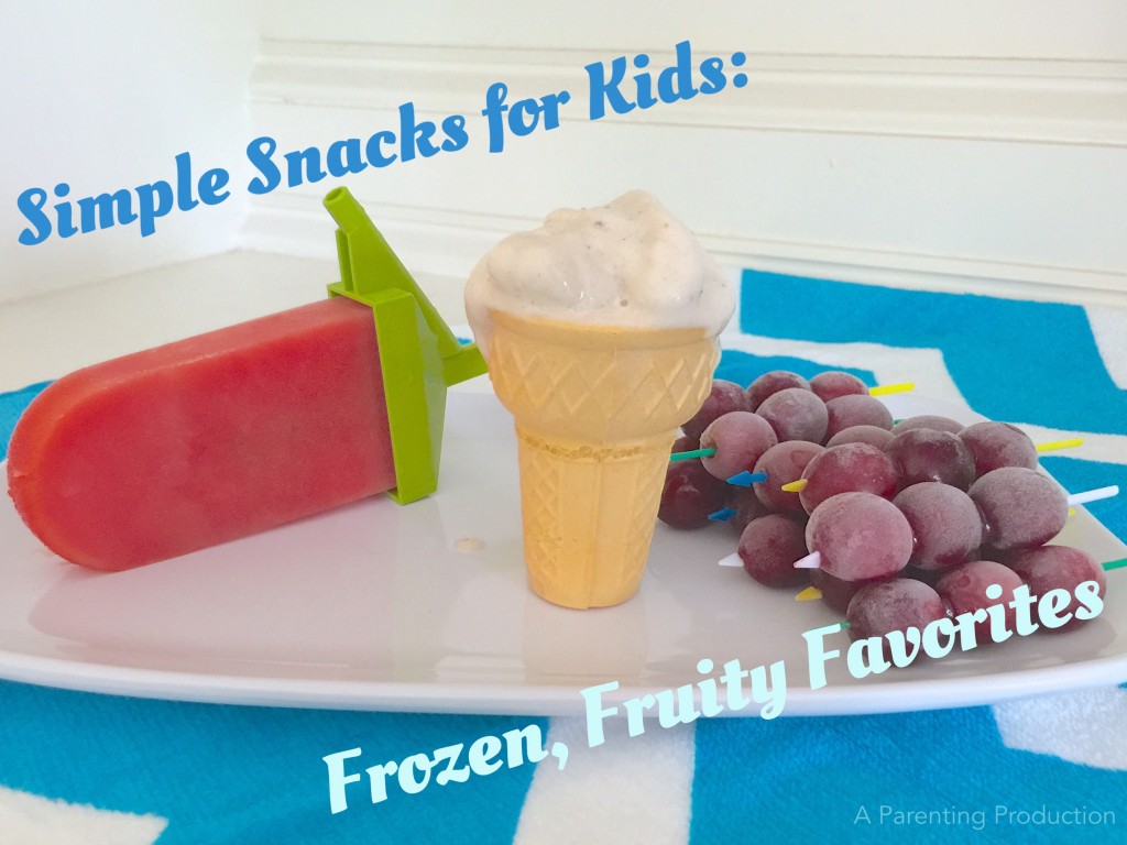 Frozen fruit snacks including watermelon popsicle, frozen banana, froozen grapes.